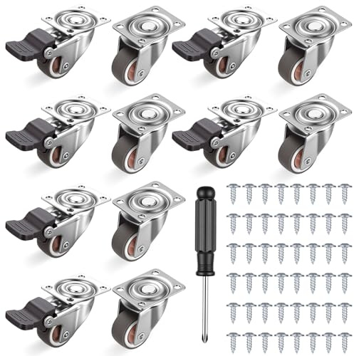12 Pcs Heavy Duty Castor Wheels for Furniture Castors Wheels, 25mm Small Furniture Casters with Brake, Swivel Casters for Home Office Furnitures, with 32 Screws, 1 Screwdriver, (4 Brakes, 4 without)