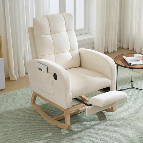 Tedyle Nursery Rocking Recliner Chair with Footrest & USB Port, Upholstered Glider Rocker with High Back, Side Pocket & Wood Legs for Nursing, Bedroom or Living Room, Linen Beige