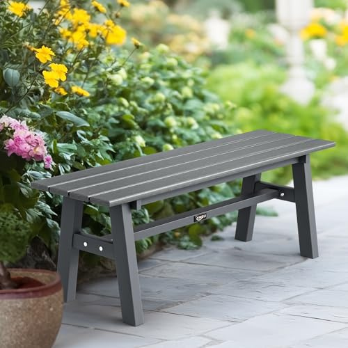 Bonnlo Sitzbank HDPE, wetterfeste Gartenbank mit Metall-Beine, Essbank ohne Rückenlehne, Gartenmöbel bis 300kg belastbar, Moderne Bank für Garten, Flur, Esszimmer, 118cm (grau)
