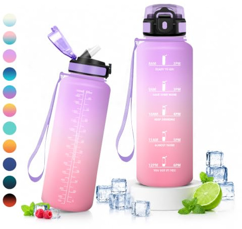 JAPORIA Gourde Sport 1.5L, Bouteille d'eau sans BPA, Gourde avec Paille et Marqueur de Temps pour Fitness, Yoga, Camping, Bureau, Randonnée