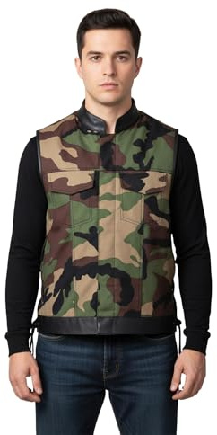 Motorcycle Vest for Men-Military Camouflage Cut Off Biker Vest with Leather Trim-YKK Zippers-Adjustable Laces-2 Chest Pockets (US, Alpha, 4X-Large, Regular, Regular, Camouflage)
