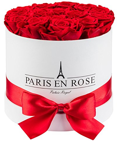 PARIS EN ROSE Rosenbox | mit 14 roten Infinity Rosen Größe XL | konservierte ewige Rosen | weiße Flowerbox mit Schleife | 3 Jahre haltbar