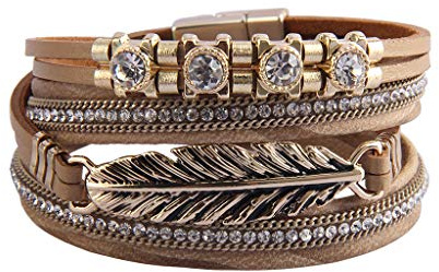 GelConnie Leather Wrap Bracelet Feather Cuff Bracelets Multilayer Boho Wrap Bracelet Bohemian Jewelry Multi Strand Bracelet for Women,Ladies,Mother
