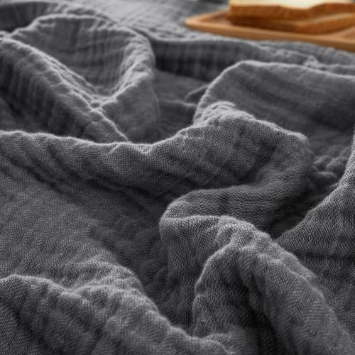 PHF 100% Cotton 4 - Layer Adult Muslin Blanket King Size(230x270cm) - Soft Skin-Friendly Breathable and Lightweight - Perfect for Home Decoration Couch Bed Sofa for All Season Black Grey