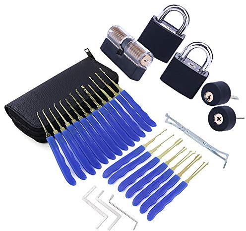 Loboo Idea 24-teiliges Dietrich-Set und 5 durchsichtige Übungs- und Trainingsschlösser mit schwarzem Holster für Lockpicking/Anfänger und Profi-Schlosser