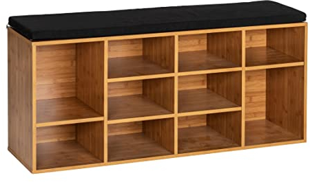 WENKO Schuhbank mit Sitzpolster Mod. Loft, Schuhregal mit Sitzfläche für bis zu 10 Paar Schuhe, Schuhschrank & Sitzbank aus MDF in Bambusoptik, 103 x 48 x 29,5 cm, Schwarz/Natur
