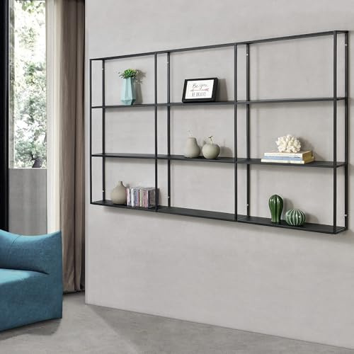 [en.casa] Scaffale da Parete in Ferro con 9 Scomparti Libreria Sospesa Mobile Espositore da Muro Design Industriale con 3 Ripiani 160 x 18 x 110 cm Nero