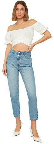 Trendyol Blue Double Button High Waist Mom Jeans, Jeans aux Femmes, Blue, 36