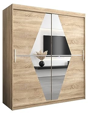 E- MEUBLES Armoire de Chambre avec 2 Portes coulissantes et Miroir Style Contemporain Penderie (Tringle) avec étagères (LxHxP): 180cmx200cmx62cm BOLA (Chêne Sonoma)