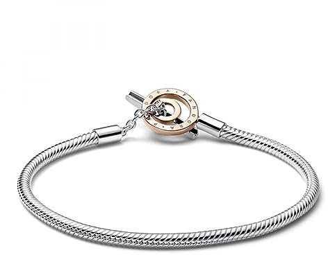 PANDORA Signature Bicolor Logo T-Verschluss Schlangen-Gliederarmband aus Sterling-Silber und rosévergoldeter Metalllegierung - Größe: 18 cm, 582309C00-18