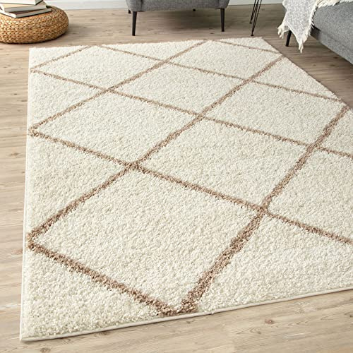 THE RUGS Shaggy Rug – Modern Moroccan Design Rugs for Living Room, Bedroom, Hallway, 3 cm Thick Area Rugs, (Diamond Ivory/Beige, 80x150cm)