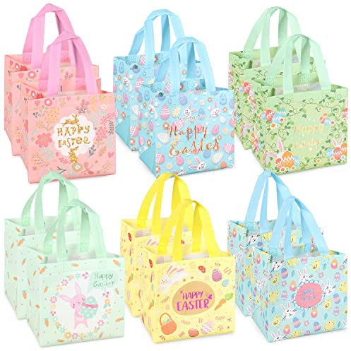 12 x Ostereiersuche-Taschen mit Griffen, Häschen Karotten Küken Ei Taschen, Oster Leckerei Taschen, multifunktionale Non-Woven Ostertaschen zum Verpacken von Geschenken, Eiersuche, Partyzubehör