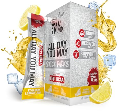 5% Nutrition Polvo de aminoácidos Rich Piana AllDayYouMay, cadena ramificada, 9 g de aminoácidos premium para uso intra y post entrenamiento, 10 porciones (1 unidad)