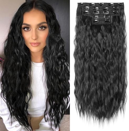 REECHO Clip in Extensions, 5 Teile Haarverlängerungen zum Einclipsen dicke lange lockere Wellen Haarverlängerungen Unsichtbare Spitze Flechte Natürliche weiche haarteile für Frauen