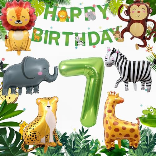 Yunchu Online Deko 7. Geburtstag 7 Jahr Dschungel Dekoration 7. Geburtstag Dekoration Junge Mädchen Dschungel Tiere Folienballons Luftballons