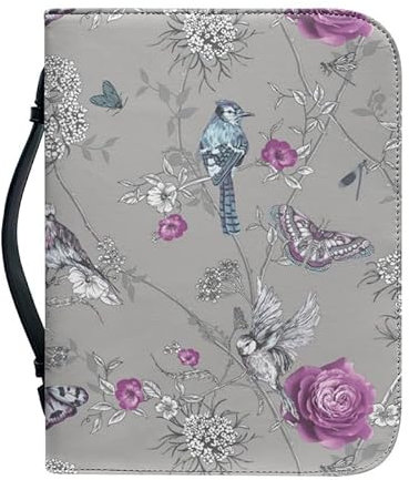 Kuiaobaty Vintage Birds Flowers Damen Bibelhülle Kunstleder Buchtragetasche Grau Landschaft Floral Buchhülle Geschenk für Frauen 4 Größen
