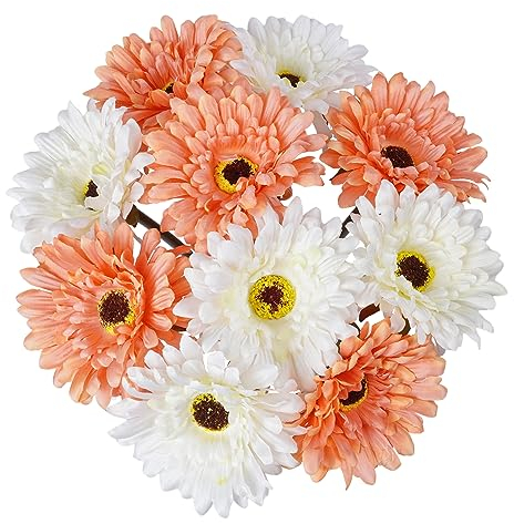 VaryFloral 10 Stück Blumen Künstlich Seidenblumen Gänseblümchen Kunstblumen Wie Echt Weiß&Sonnenuntergang Farbe Blumenstrauß Künstlich Gerbera für Hotel Schlafzimmer Blumenarrangement Büro Dekor