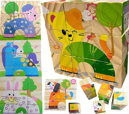 Holzblock Puzzle Set, 6 Verschiedene Bilder, 9 Blöcke Würfelpuzzle aus Holz, 3D, 6-in-1-Puzzle, Tiermotive, Holz-Montessori-Puzzle, Lernspielzeug, Holzspielzeug für Jungen und Mädchen