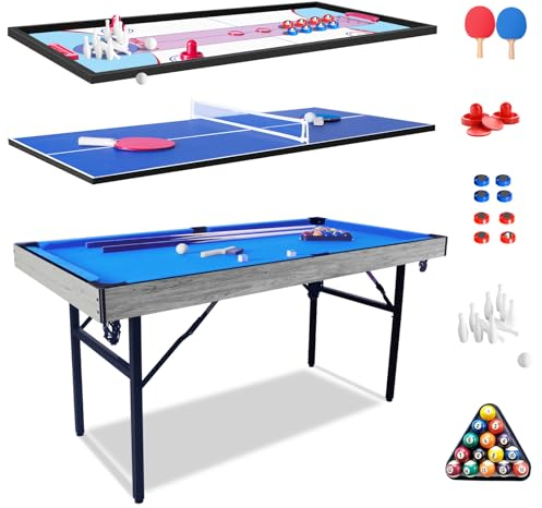 HLC 5 in 1 Klappbar Billardtisch/Pooltisch,Tischtennisplatten, Shuffleboard, Curling, Bowling, AirHockey Tischspiel Sie lässt Sich Schnell auf- und Abbauen.