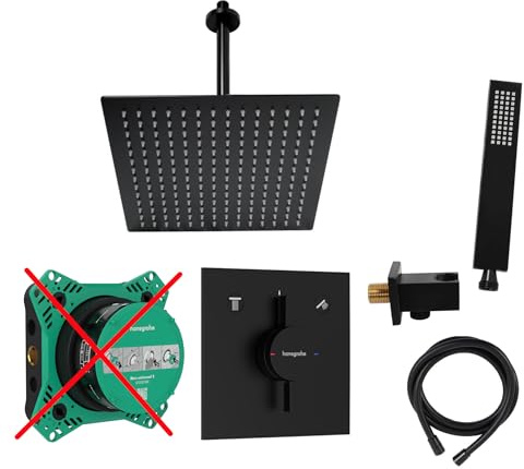 vanvilla Duschsystem Unterputz mit Duscharmatur Hansgrohe schwarz HGS202ob | Duscharmatur von Hansgrohe DuoTurn E und vanvilla Regendusche Duschkopf eckig, Dusch-SET schwarz matt beschichtet