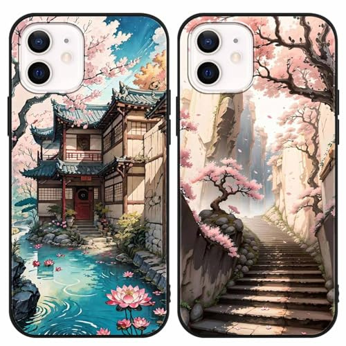 PBNDJVG 2 Pièces Coque pour Apple iPhone 12/iPhone 12 Pro 6.1 Pouce, Fleurs de Cerisier du Japon Dessin Animé Aesthetics Motif Étui Protection Housse de Silicone TPU Souple Antichoc Case, Noir 5