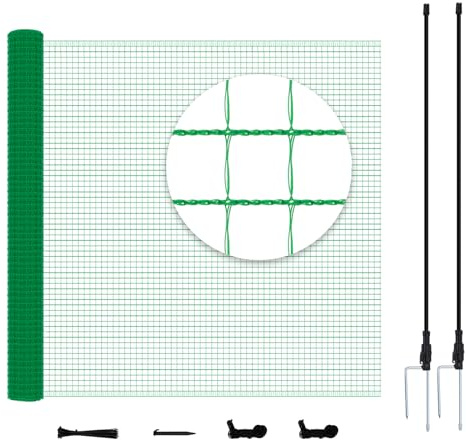 WOLTU Geflügelnetz, mobiler Zaun 25x1,2 m engmaschig, Hundezaun Gartenzaun Steckzaun Campingzaun Absperrzaun, mit 15 Pfählen Windenseilen Erdnägeln Kabelbindern, Grün