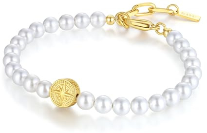 GAVU Bracciale Perle Uomo Donna, Bracciale Perle Bianche con Charm Bussola