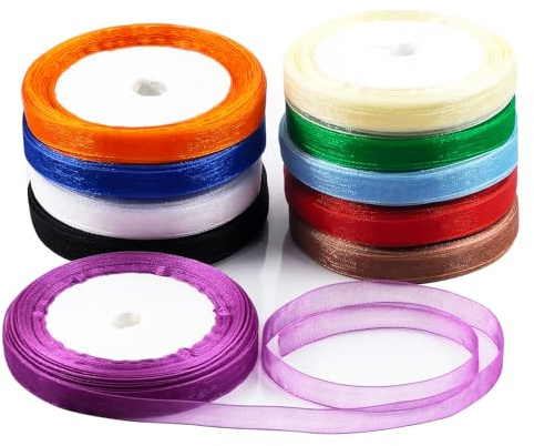 Swpeet 10 rullar 127 meter x 0,4 cm flerfärgad skimmergenomskinligt tygband organza-band sortiment kit, chiffong tygband för buketter
