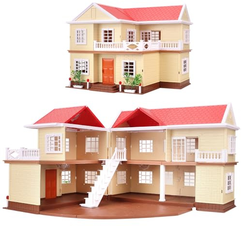 Family Cozy Cabin Doll House Playset, Dollhouse Furniture and Accessories,DIY Cottage Pretend Play Dollhouses, for Toddlers, Boys & Girls