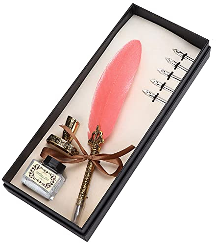 Emoshayoga Quill Dip Pen Federstift Set Handwerk Retro geschnitzt Edelstahl Schreib Anzug für Unterschrift Geschenk Tischdekoration Rosa