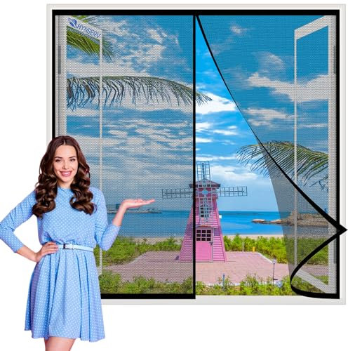 Magnetic Window Screen 185x140cm Black Insect Net Mesh Screen Window - Keep Fresh Air in & Bugs Out Keep Bugs/Flys/Mosquitoes Out