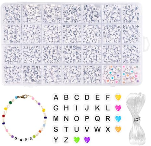 1 400 stycken bokstavspärlor set, pärlor bokstäver för armband, bokstavspärlor svart vit färgglatt hjärta pärlset med 5 m gummiband för barnarmband vänskapsarmband hårband smycken hantverk