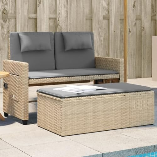 Fußbank Gartensofa mit Bettfunktion Gartensofa 2-Sitzer mit Balkonmöbel Rattan Balkonsofa Balkon Sitzgruppe Rattansofa Gartenmöbel Couch Terrasse Gartenbank Garten Loungesofa mit Hocker Beig