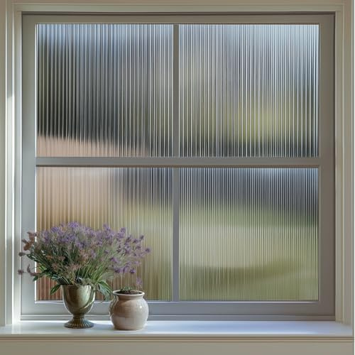 Qualsen Fensterfolie Blickdicht Sichtschutz, Schilfglas Effekt, 44.3x200cm | Grau Feine Streifen Sichtschutzfolie Fenster, Milchglasfolie Statisch Haftend Anti-UV, Dekorfolie für Büro Schlafzimmer Küche