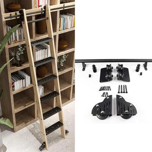GAONUDAN 3,3-24 Fuß Schiebe-/Rollleiter-Hardware-Kit für Bibliotheksleitern, vielseitig einsetzbar für Lofttreppen/Bücherregale, schwarzes, rostfreies Schienen-Kit mit Bodenrädern (ohne Leiter) (20 F