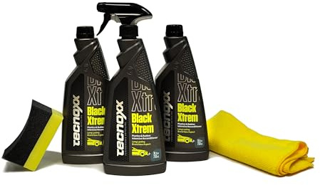 Tecnoxx Black Xtrem Restaurator für Kunststoffe und Gummipflege für Außenbereiche von Autos – UV-Schutz, Natürlicher Glanz, Extreme Haltbarkeit, 3er-Pack – Professionelle Ergebnisse