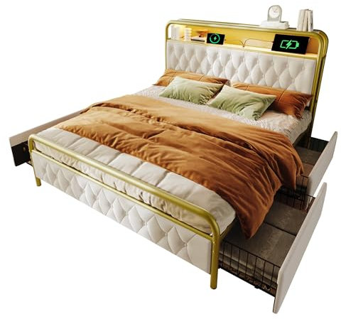 BXEYXE Polsterbett Doppelbett mit Aufladen Type C Ladefunktion APP-Control Bettgestell Metallbett 140×200 Bettrahmen und 4 Schubladen, Samt (Ohne Matratze)