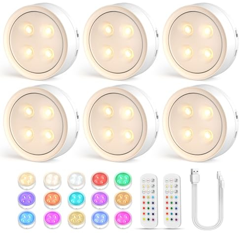 Onumii LED Battery Cabinet Lighting with Remote Control, USB Rechargeable Under-Unit Light, Magnetic Wireless Showcase Lighting, Spot Timing Function for Wardrobe, Kitchen, Bedroom (Pack of 6, White)