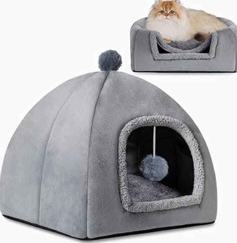 Katzenhöhle Katzen Grau 43x43x43cm - Faltbares Katzenbett mit Kissen, Katzenzelt für Kätzchen, mittelgroße Haustier, Katzenhaus für drinnen