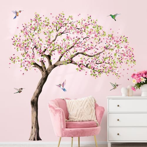 Large Blooming Cherry Tree Wall Stickers Pink Peach Blossom Tree Hummingbirds Wall Decals Peel and Stick Spring Wall Art Decor for Girls Bedroom Living Room Kitchen Sofa TV Backdrop Wall Decoration