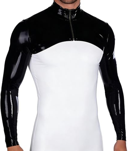 GREEFEI Kort långärmad latexjacka för män, kort gummijacka med dragkedja framtill, svart, L