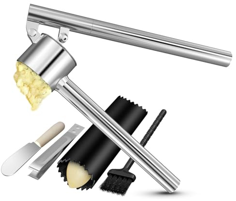 5-in-1 Stainless Steel Garlic Press Set with Jumbo Chamber & Mincer - Heavy Duty Rustproof Garlic Crusher with Ergonomic Handle, Dishwasher Safe, Easy Squeeze Design for Ginger, Nuts, Herbs