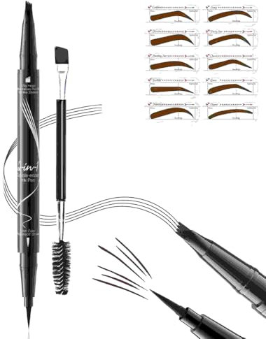 Crayon Sourcils 4 Pointes Fourche Résistant à l'Eau - Double Embout Ultra-Fin & Formule Anti-Tâches pour Sourcils Naturels (Gabarit & Brosse Professionnelle) (Marron foncé)