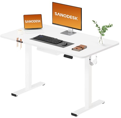 SANODESK Electric Standing Desk 120 * 60 One Piece Height Adjustable Desk With Memory Smart Panel Sit Stand Table With Hooks for Home Office, White
