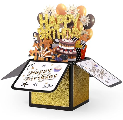 Gosknor Happy Universal Birthday Pop up Karte, Schwarze Goldene Ballon Feuerwerke Geschenkbox mit Umschlag Kreative Geschenkideen Lustige Geburtstagsgrußkarte für Männer Sohn Papa Onkel Bruder Freunde