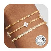 Finrezio 3 Pcs Bracelets Or pour Femme Plaqué Or 14K Bracelets Argent Sterling 925 Réglable Bracelet Zircon Chaîne Ensemble Bracelets Bijoux Or Cadeaux pour Femme