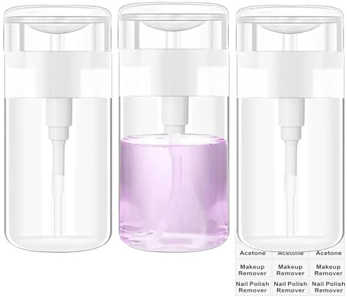 Moonlik 3Pack Acetone Dispenser, Push Down Pump Dispenser Nail Polish Remover Alcohol Bottle with Labels Empty Travel Container with Label for Makeup Liquid Jar 5.1oz/200ML, White, M-L, Classic