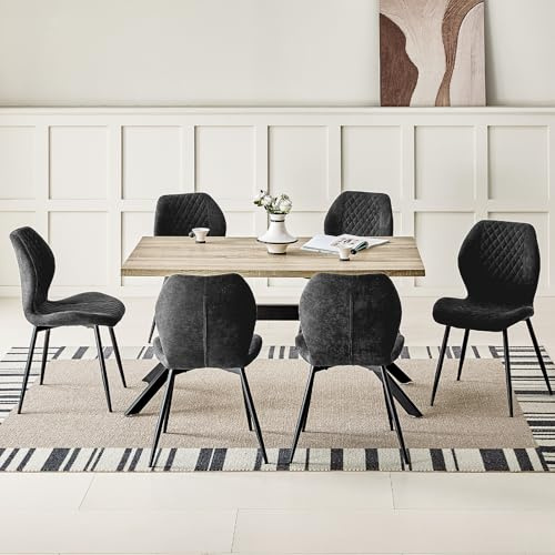 JIJIAN Essgruppen mit Heller Holz Esstisch und 6 Schwarzer Stühle, Rechteckiger Esstisch in 140 x 80 x 76 cm mit 6 Ergonomischer Design Leinen Esszimmerstühle, für Esszimmer, Küche, Wohnzimmer