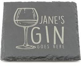Personalised Slate Coaster - Your Gin Goes Here Design - Laser Engraved Square Drinks Coaster Gift for Her or Him - Birthday, Wedding, Anniversary or Christmas