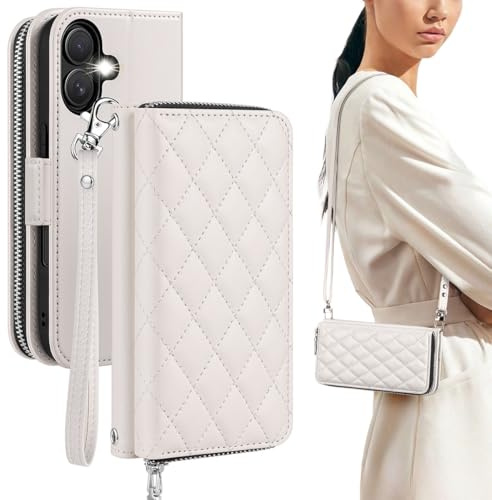 OCASE Housse Portefeuille avec Fermeture Éclair pour iPhone 17 Blanc Piqué | Coque en Cuir PU avec Anti-RFID Porte-Cartes, Support Intégré, Rabat Zip Non Amovible, Protection Antichoc
